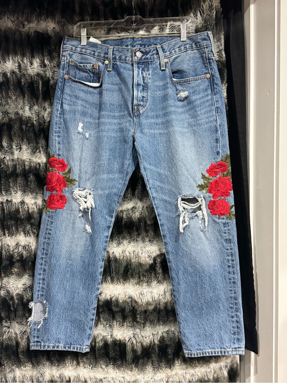 Levi’s 501 T Distressed Women's Jeans with Red Rose Embroidery